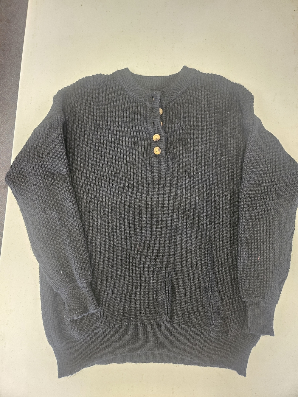 Women's Crewneck Henley Sweater in Black with Button Placket